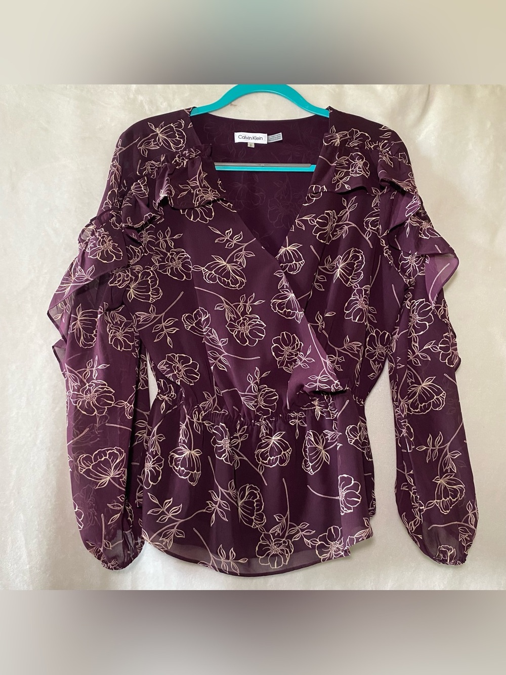 Calvin Klein Plum Floral Ruffle V-Neck Blouse